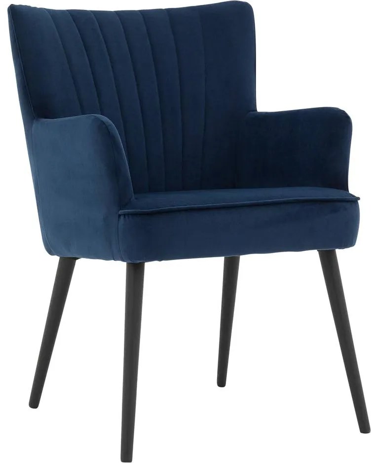 Goossens Eetkamerstoel Rob blauw velvet stof met armleuning, urban industrieel