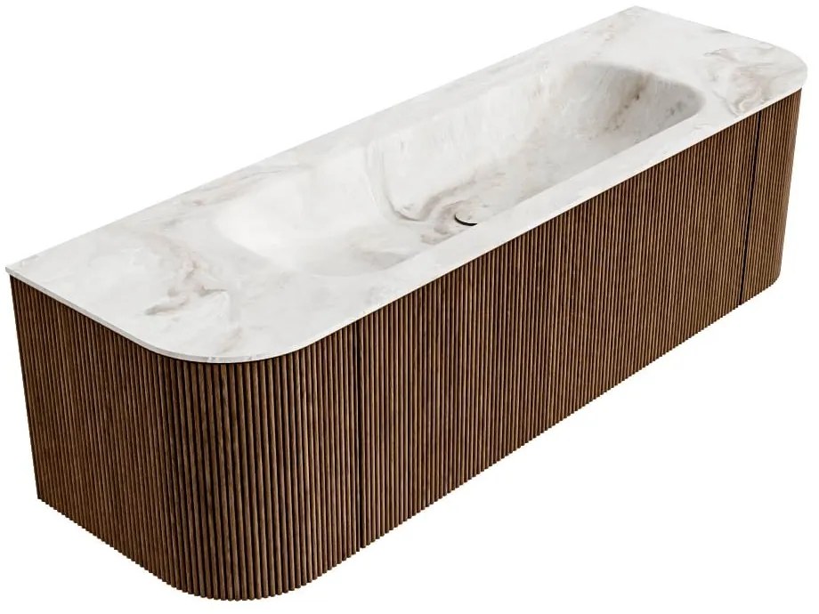 Mondiaz Kurve-dlux 150cm badmeubel ronding links/rechts walnut met 1 lade en 2 deuren en wastafel big medium midden 1 kraangat frappe
