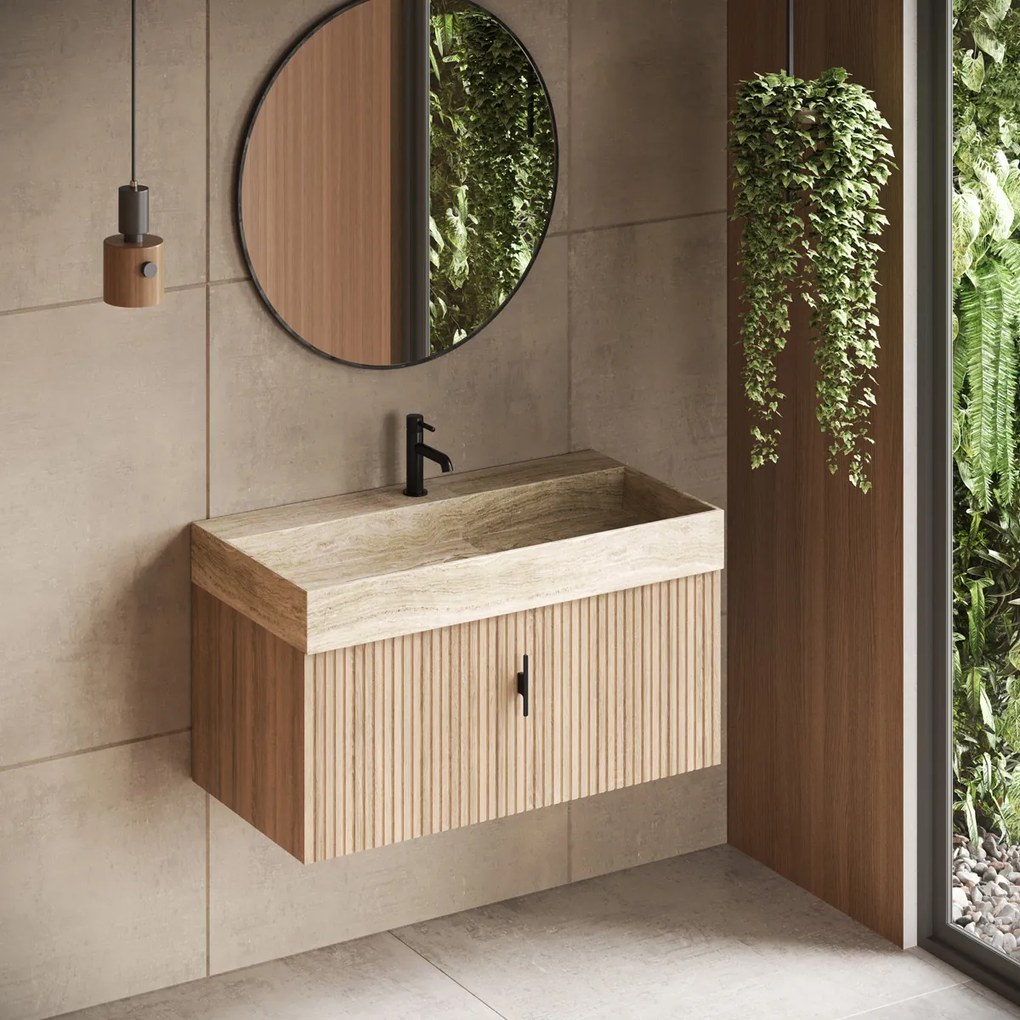 Muebles Zahora badmeubel ribbelfront 100cm naturel eiken met White Travertin wastafel met kraangat