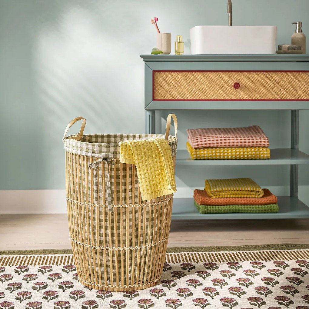 Bamboe wasmand, voering met ruitjesprint, MONOA