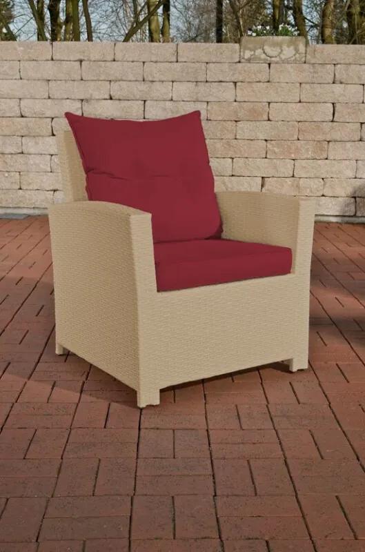 Poly-rotan Wicker tuinstoel / fauteuil FISOLO aluminium frame kussens - kleur rotan : zand overtrek robijnrood