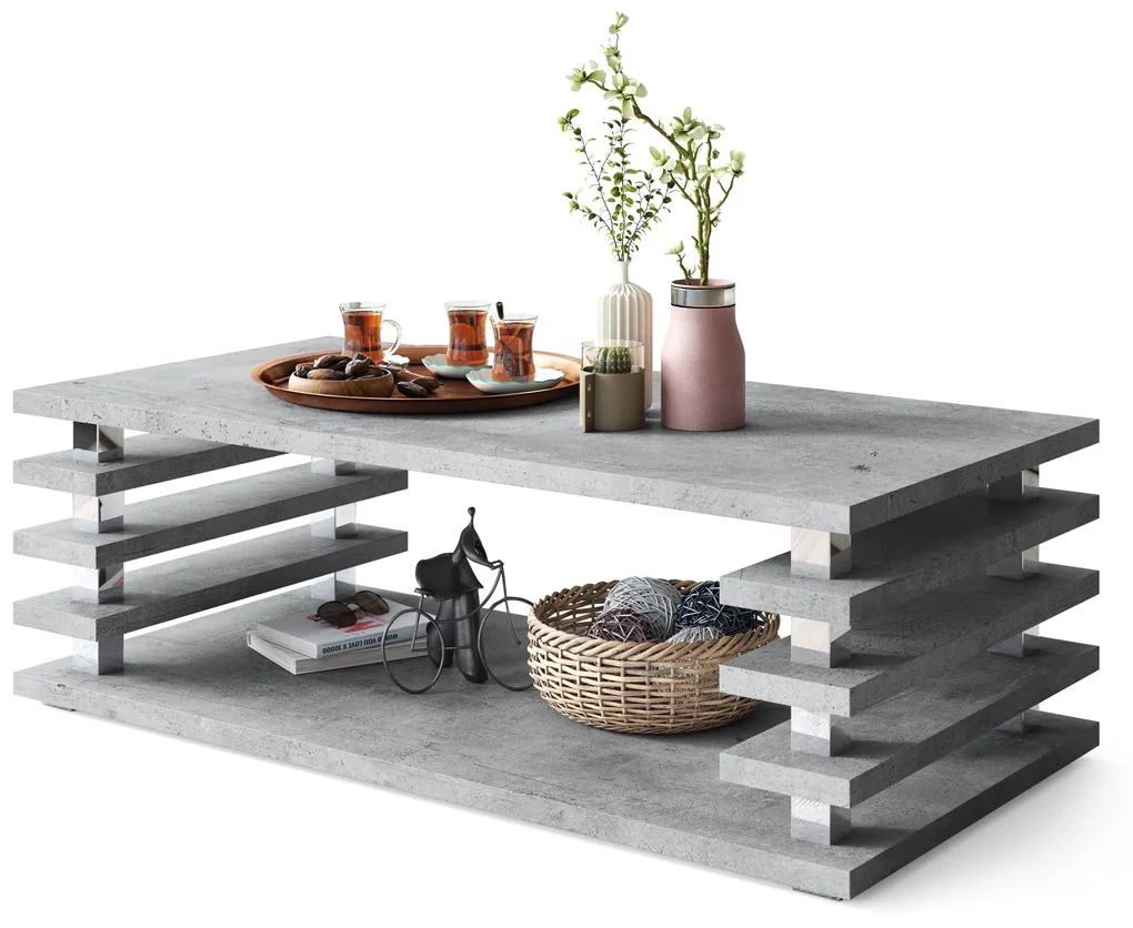 PORTO Beton Millennium - MODERNE KOFFIETAFEL MET LAMELLEN 2IN1, OP WIELEN/POTEN
