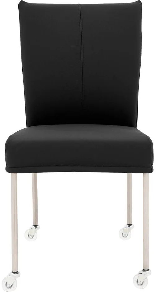 Goossens Eetkamerstoel Funk RVS Poten zwart leer leuning en Transparant skater wiel met rvs kapmet wielen, modern design