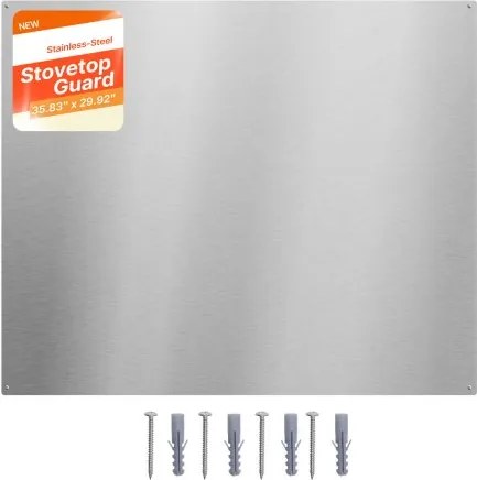 VEVOR keukenachterwand 91 x 76 cm, gemaakt van roestvrij staal, wandbescherming voor kookplaat en afzuigkap met voorgeboorde gaten, robuuste spatbescherming voor keuken, koken en praktische opbergruimte, zilverkleurig