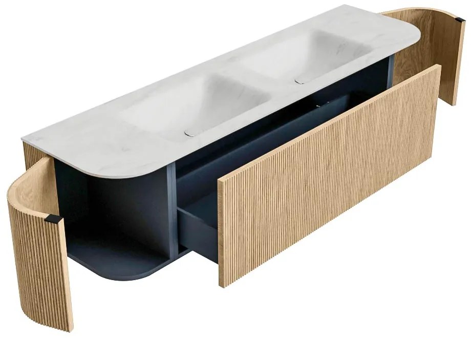 Mondiaz Kurve-dlux 170cm badmeubel ronding links/rechts oak met 1 lade en 2 deuren en wastafel leaf dubbel zonder kraangat opalo