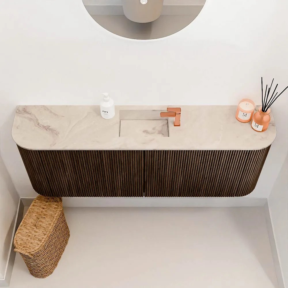 Mondiaz Joya DLux 115cm toiletmeubel ronding links/rechts walnut met wastafel faye midden 1 kraangat frappe