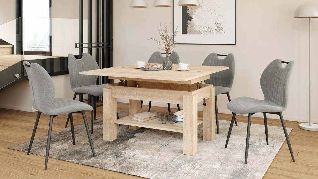 BRAVO sonoma eiken – uitschuifbare en in hoogte verstelbare salontafel, tafel met plank
