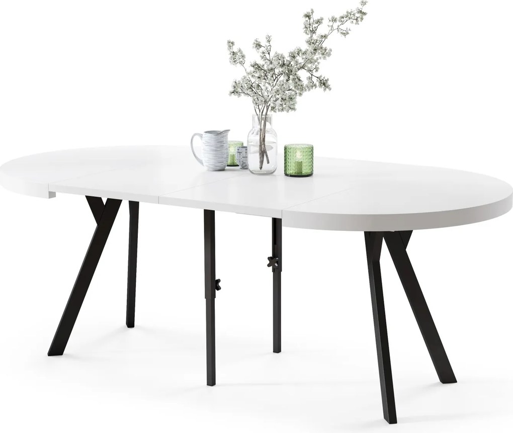 EXPANSO Wit mat/zwarte poten - GROTE RONDE TAFEL Ø110 UITBREIDBAAR TOT 310 cm met Y-POTEN LOFT/INDUSTRIAL