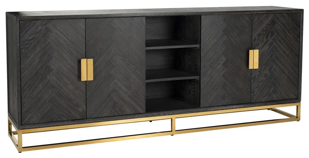 Richmond Interiors Blackbone Gold Groot Dressoir Zwarte Visgraat Met Goud - 225x45x90cm.