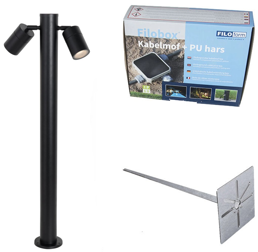 Buitenlamp zwart met grondpin en kabelmof 80cm 2-lichts IP44 - Duo