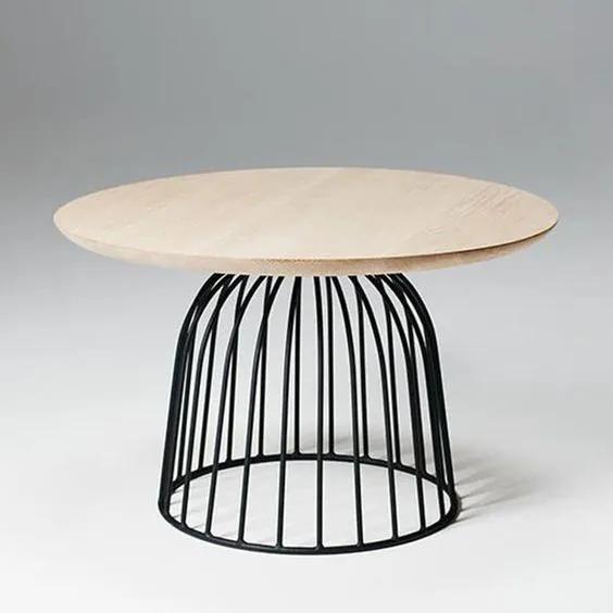 WON | Salontafel Wire basket diameter 60 cm x hoogte 40 cm naturel eiken, zwart salontafels hout, staal meubels tafels