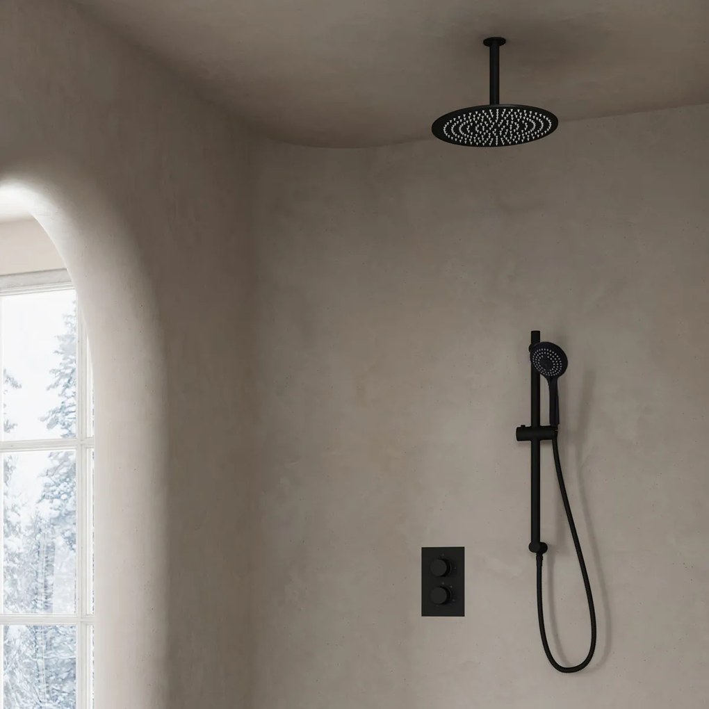 Saniclear Nero inbouwregendouche 20cm met plafondarm, 3 standen handdouche en glijstang zwart mat