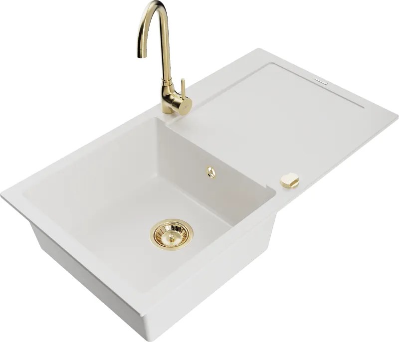 Mexen Leo granieten gootsteen 1-komors met afdruiprek en keukenkraan Telma, wit - 6501-20-670200-50