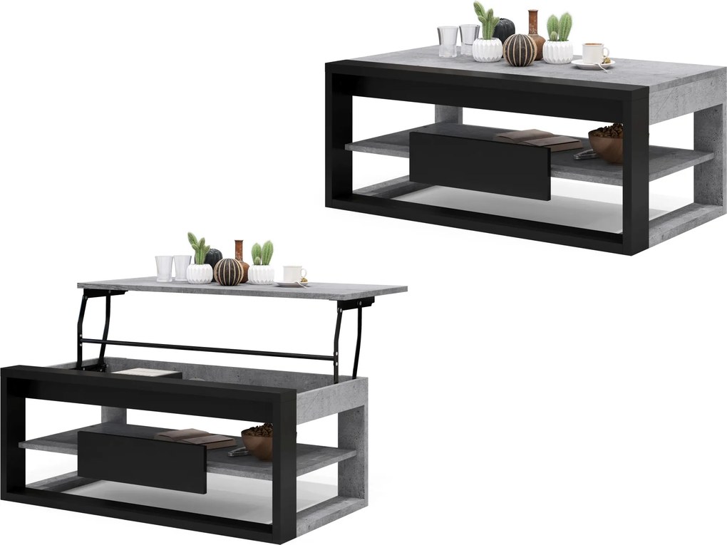 FRAME Millenium Beton/Zwart Mat - MODERNE TAFEL MET OPTILBAAR TAFELBLAD/IN HOOGTE VERSTELBAAR TAFELBLAD + OPBERGVAK + PLANK