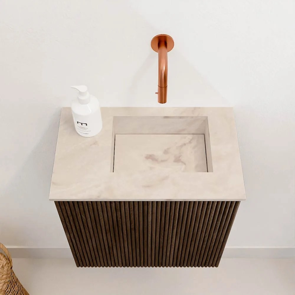 Mondiaz Joya DLux 40cm toiletmeubel walnut met wastafel faye rechts zonder kraangat frappe