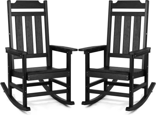 VEVOR 2-pack schommelstoel voor op de veranda, HIPS schommelstoel voor buiten, schommelstoel voor op het terras met hoge rugleuning en soepele armleuningen, ondersteunt tot 180 kg, voor tuin, balkon en veranda, zwart