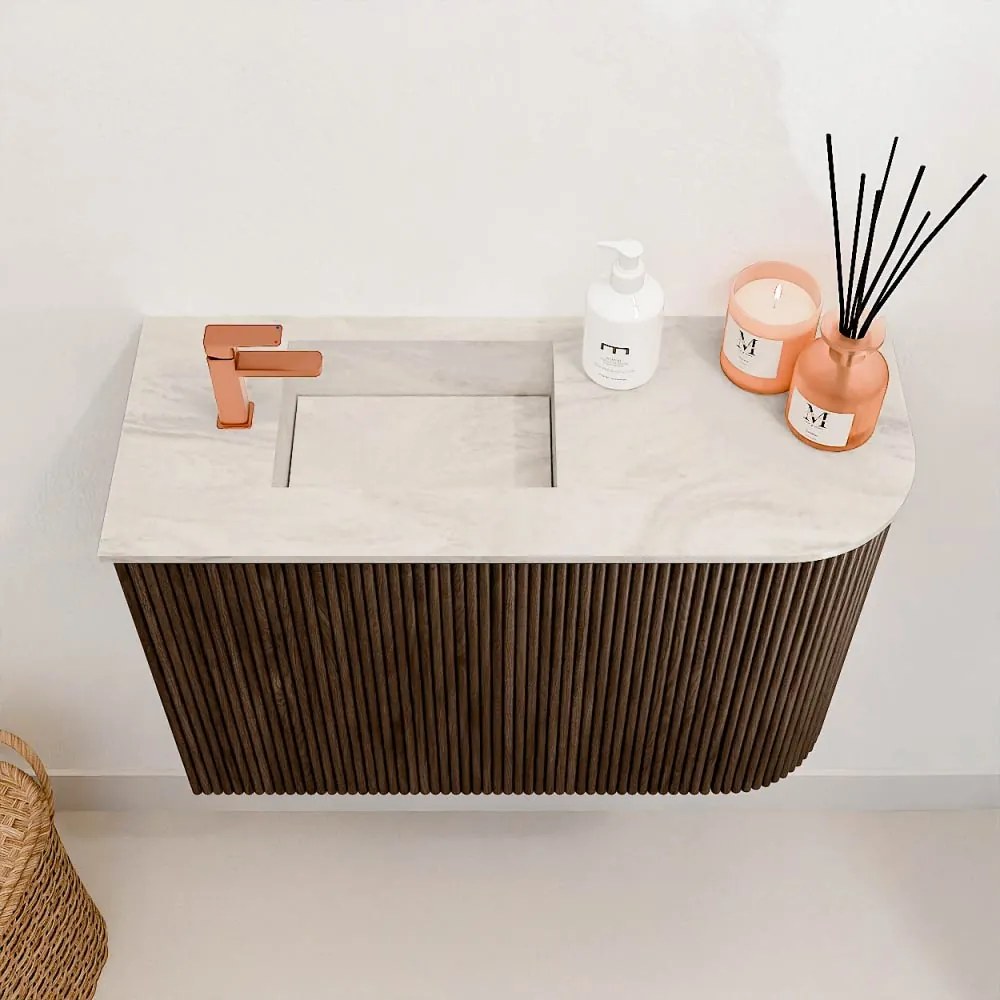 Mondiaz Joya DLux 60cm toiletmeubel ronding rechts walnut met wastafel faye links 1 kraangat ostra