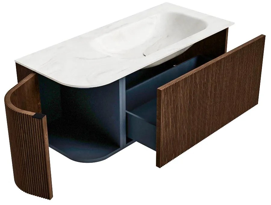 Mondiaz Kurve-dlux 105cm badmeubel ronding links walnut met 1 lade en deur en wastafel big small kraangat rechts ostra