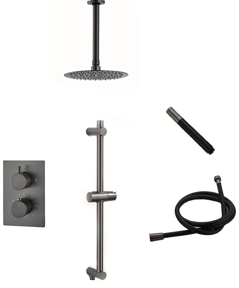 Saniclear Iron Pro inbouw regendouche met plafondarm, 20cm hoofddouche en glijstang gunmetal