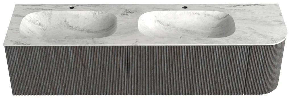 Mondiaz Kurve-dlux 175cm badmeubel ronding rechts shadow met 2 lades en 1 deur en wastafel stor small dubbel/links 2 kraangaten opalo