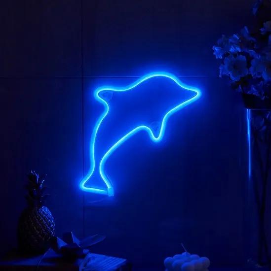 LED Neon Wandlamp "Dolfijn", Op Batterijen en USB, 30x20x2cm, Blauw