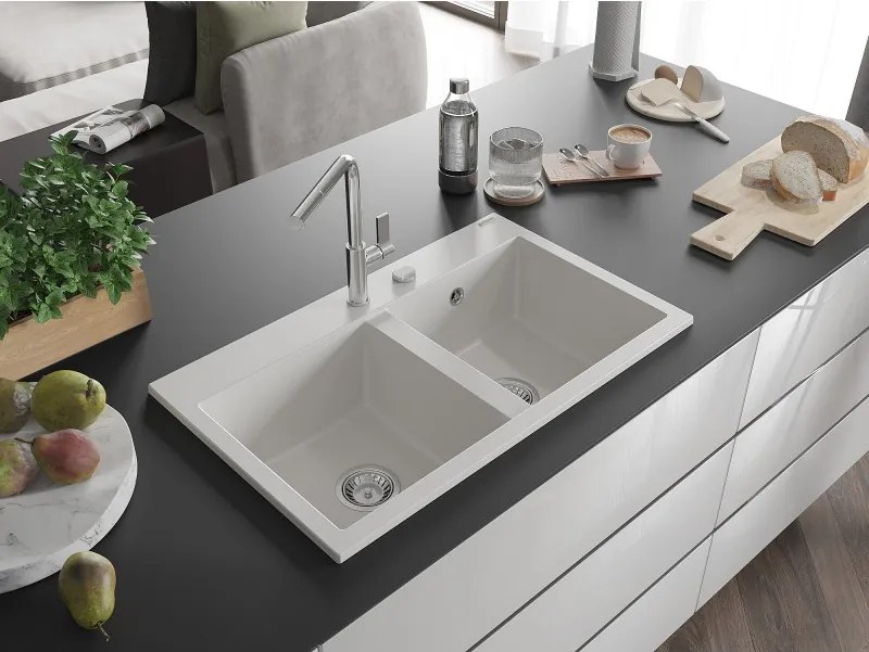 Mexen Hektor granieten gootsteen 2-kamer 800 x 480 mm, wit, chrom sifon - 6521802000-20