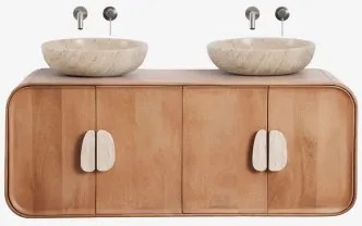 Dubbel Zwevend Badkamermeubelset 130x45 Cm Van Mangohout En Natuurlijke Kivalina-steen Travertijn - Mangohout & 2 X Ronde Travertijn Ø40 Cm Eskel -