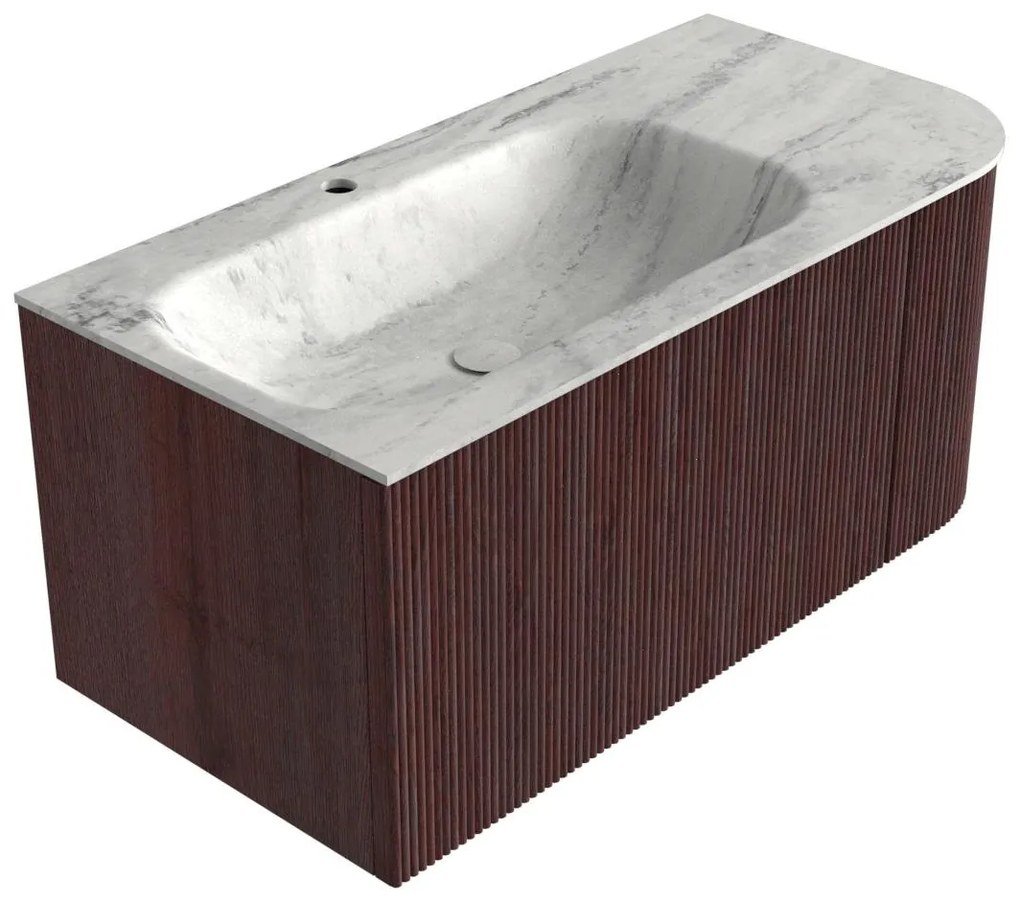 Mondiaz Kurve-dlux 95cm badmeubel ronding rechts ruby met 1 lade en deur en wastafel big small kraangat links opalo