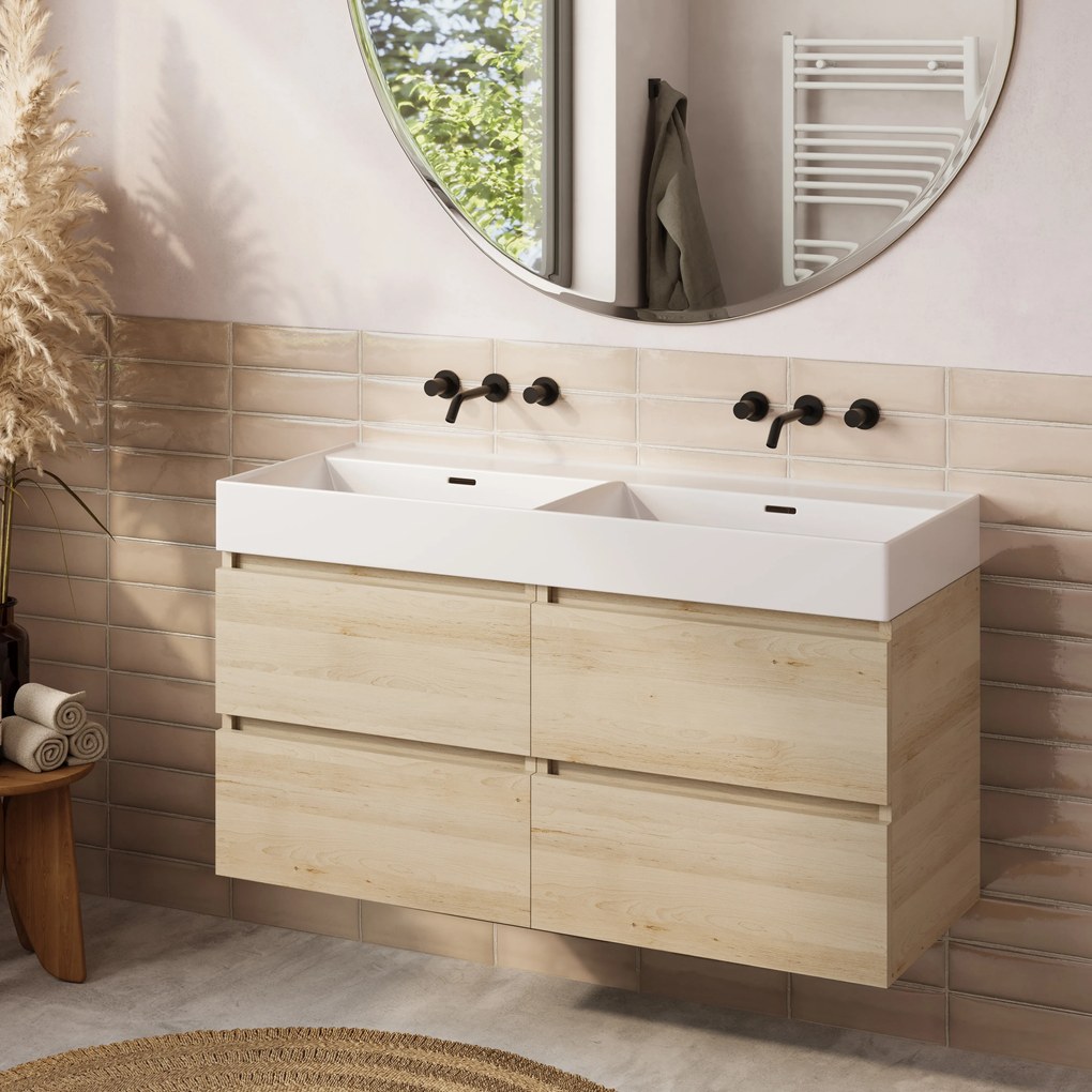 Plieger Kansas badmeubel 120cm met dubbele glans witte wastafel zonder kraangat beach eiken