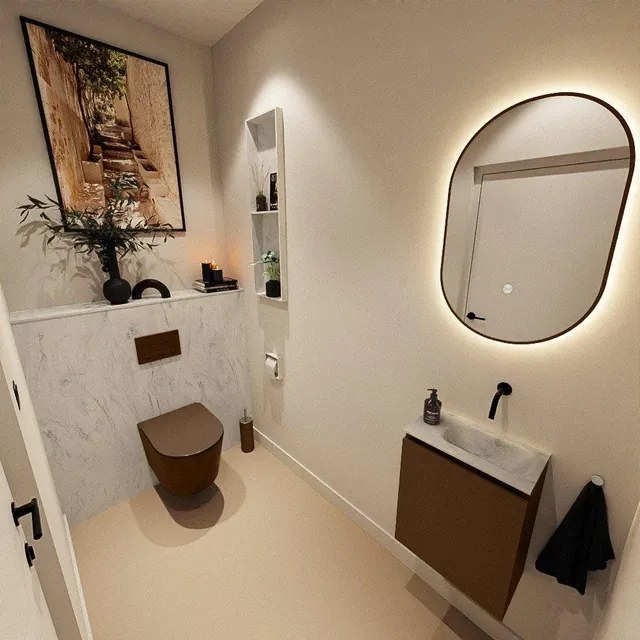 MONDIAZ TURE-DLUX 40cm toiletmeubel Rust. EDEN wastafel Opalo positie rechts. Zonder kraangat. TUREDX40RUSR0OPA