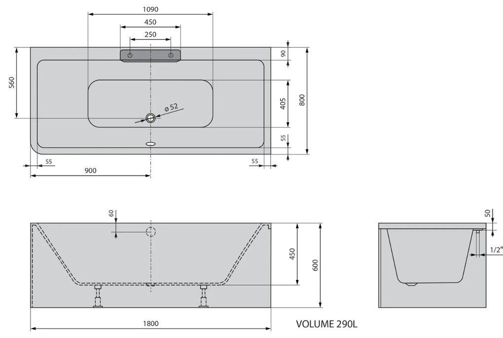 Polysan Monolith Cascata rechts half vrijstaand bad met witte waterval uitloop 180x80cm