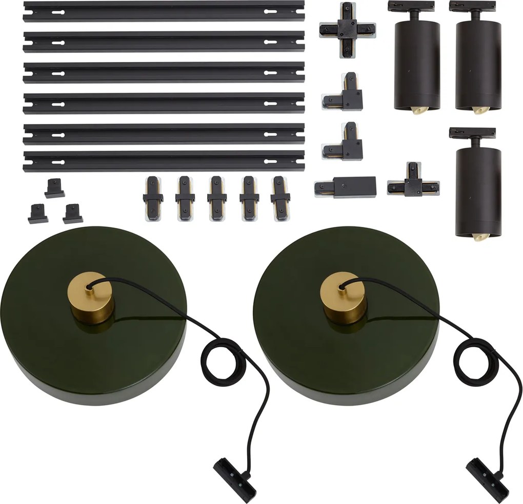 Modern railsysteem zwart met 2 hanglampen groen en 3 spots 1-fase - Iconic Jeana Luxe Jina