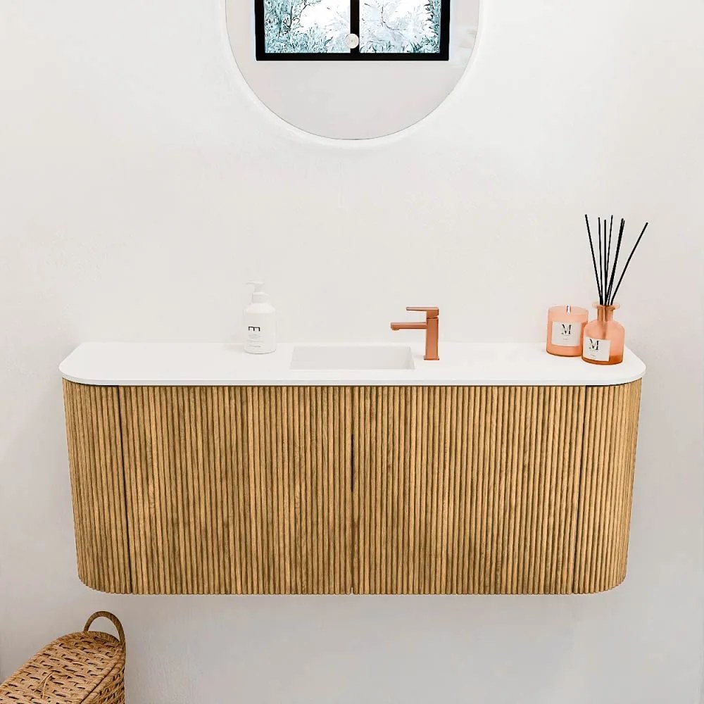 Mondiaz Joya 105cm toiletmeubel ronding links/rechts oak met wastafel faye midden 1 kraangat talc