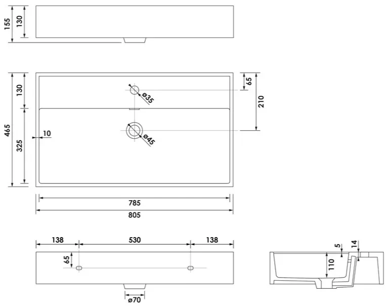 Brauer Lunar wastafel keramiek 80cm met kraangat wit glans