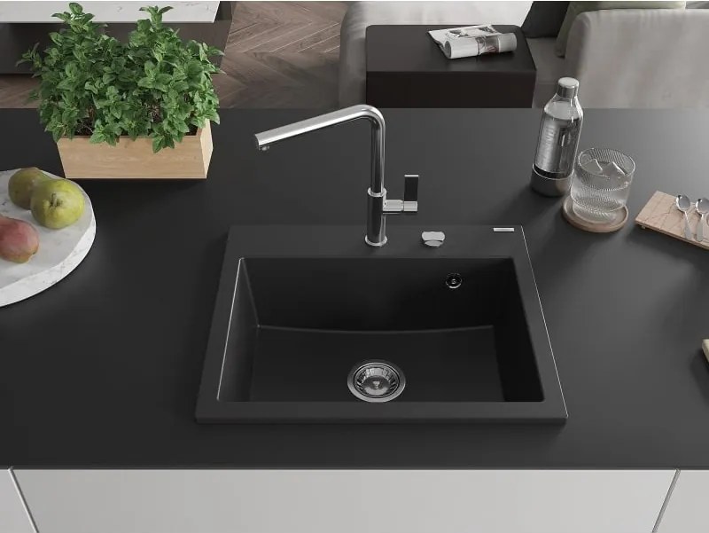 Mexen Oscar granieten gootsteen 1-komorig 580 x 490 mm, zwart, sifon chroom - 6519581000-77