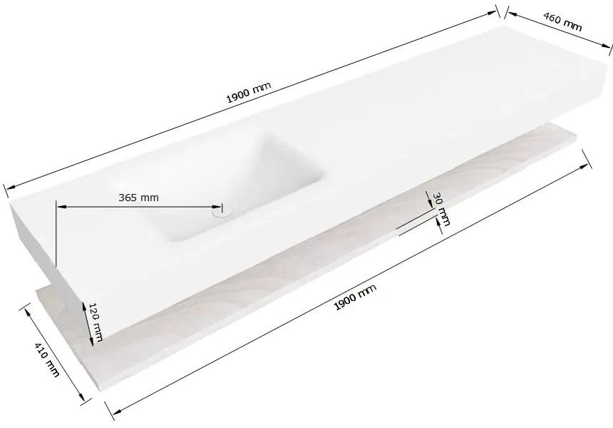 Zaro Alan badmeubel 190cm met planchet washed oak en vrijhangende wastafel cloud links zonder kraangat talc