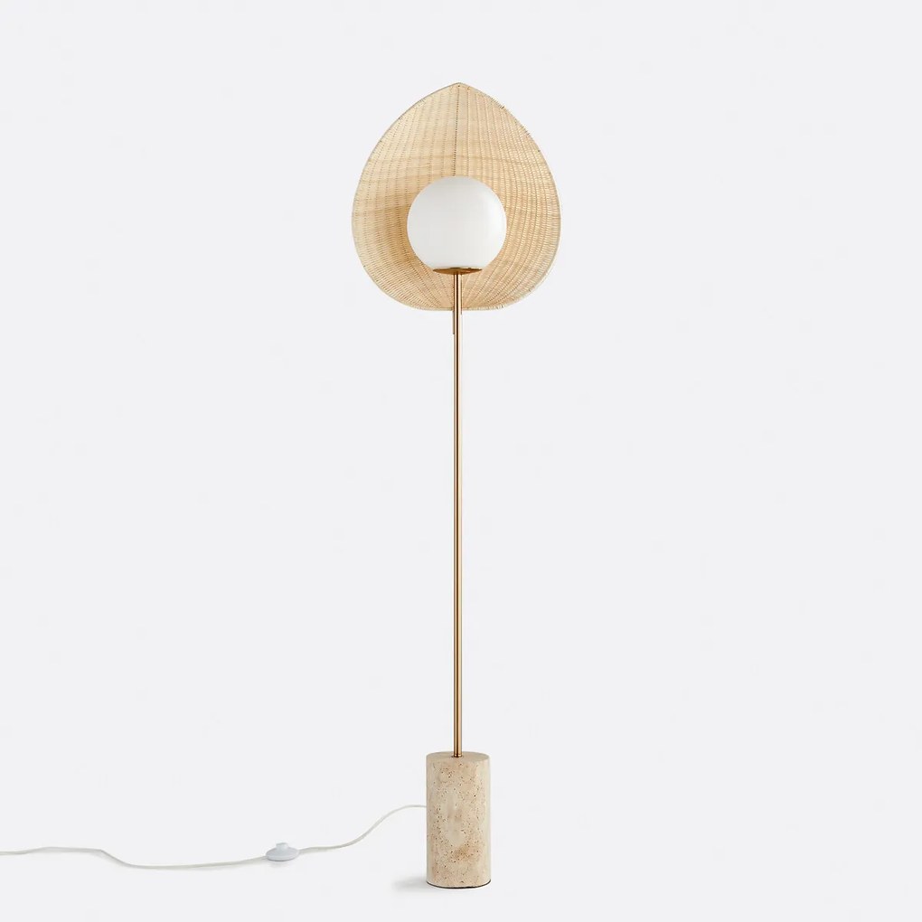 Vloerlamp van opaline, rotan en travertijn Javana