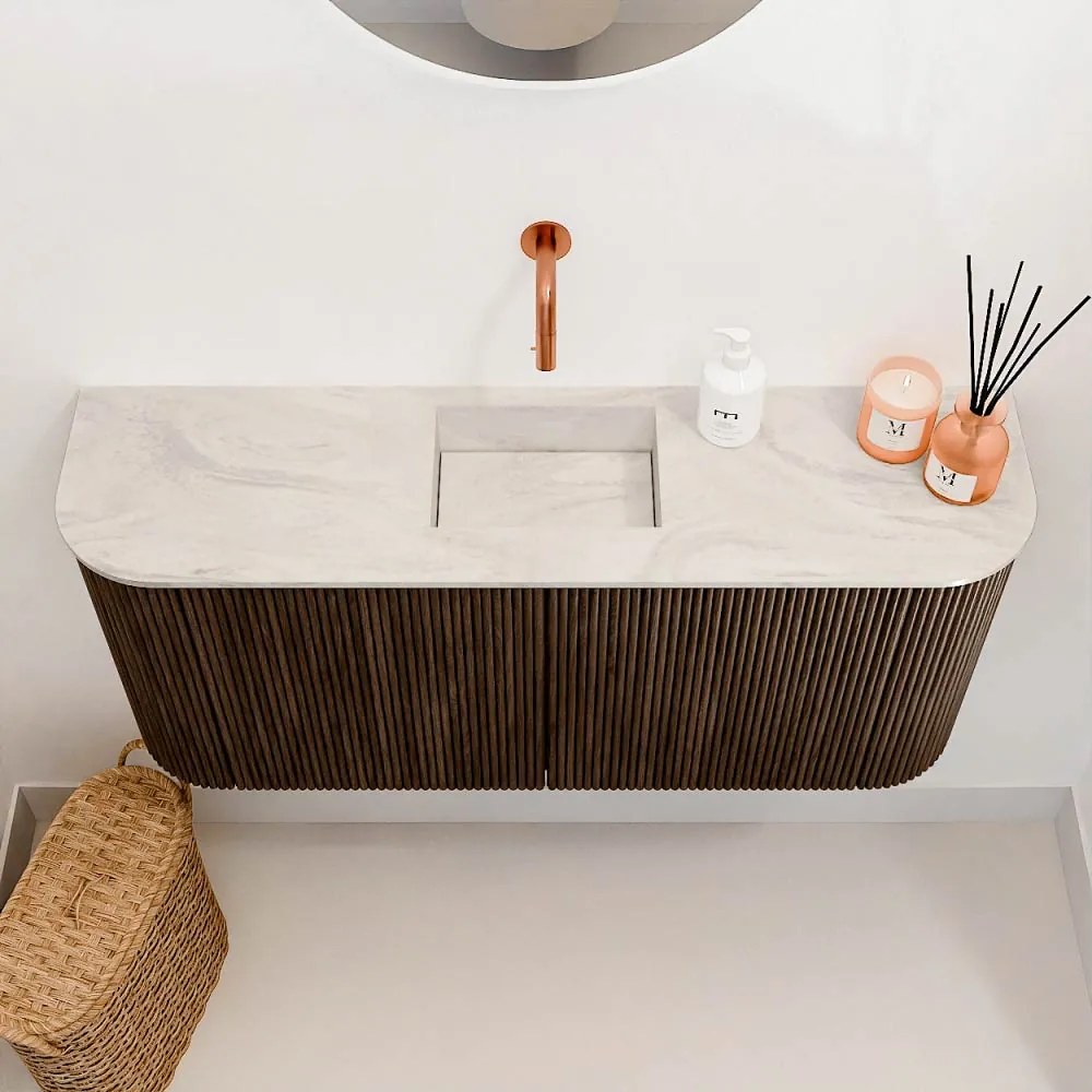 Mondiaz Joya DLux 95cm toiletmeubel ronding links/rechts walnut met wastafel faye midden zonder kraangat ostra