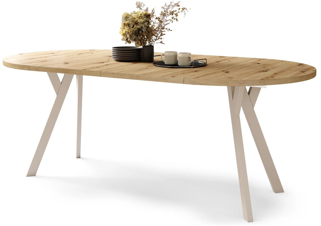 ALMO 100 Eiken Artisan/Beige poten - RONDE LOFT/INDUSTRIËLE TAFEL VOOR WOONKAMER/EETKAMER, UITSCHUIFBAAR