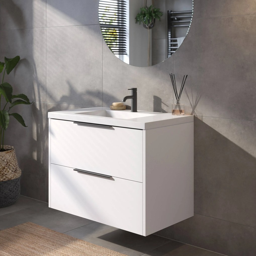 Saqu Lima badmeubel incl. glans witte wastafel 80x52x64cm glans wit – mat zwarte greep