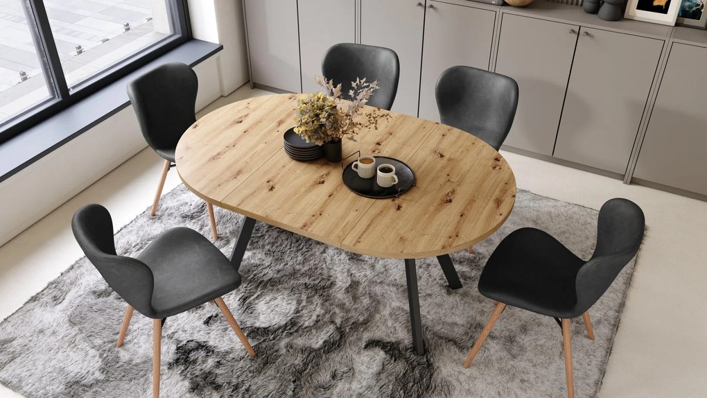 ALMO Eiken Artisan/Zwarte poten - RONDE LOFT/INDUSTRIËLE TAFEL VOOR WOONKAMER/EETKAMER, UITSCHUIFBAAR