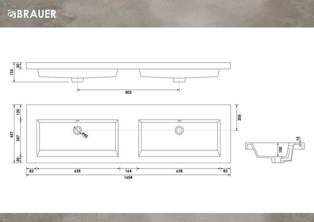 Brauer Solar Medium dubbele wastafel mineraalmarmer 160cm zonder kraangaten wit mat