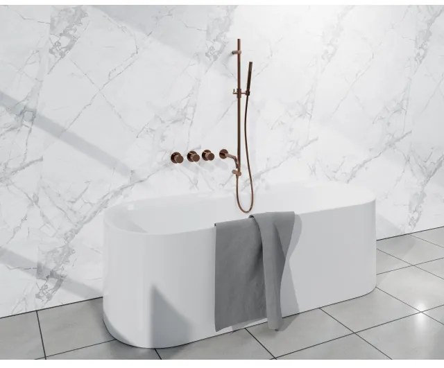 Fortifura Nebbio Badcombinatie-set - thermostaatkraan - glijstang met geïntegreerde wandaansluitbocht - metalen doucheslang - staaf handdouche - uitloop - geborsteld koper PVD (koper) SW1183069 SW1111533 SW970048 SW970046 SW1183076 SW