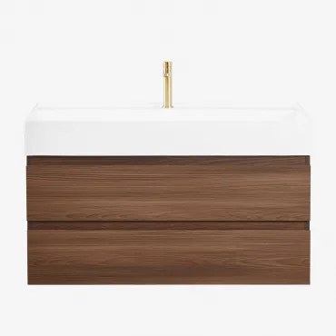 Ona Zwevend Badkamermeubelset Van Hout En Essenfineer Met Geïntegreerde Wastafel Spiegelloze & Donker Hout & ↔︎ 100 Cm & Geborsteld Goud - Sklum