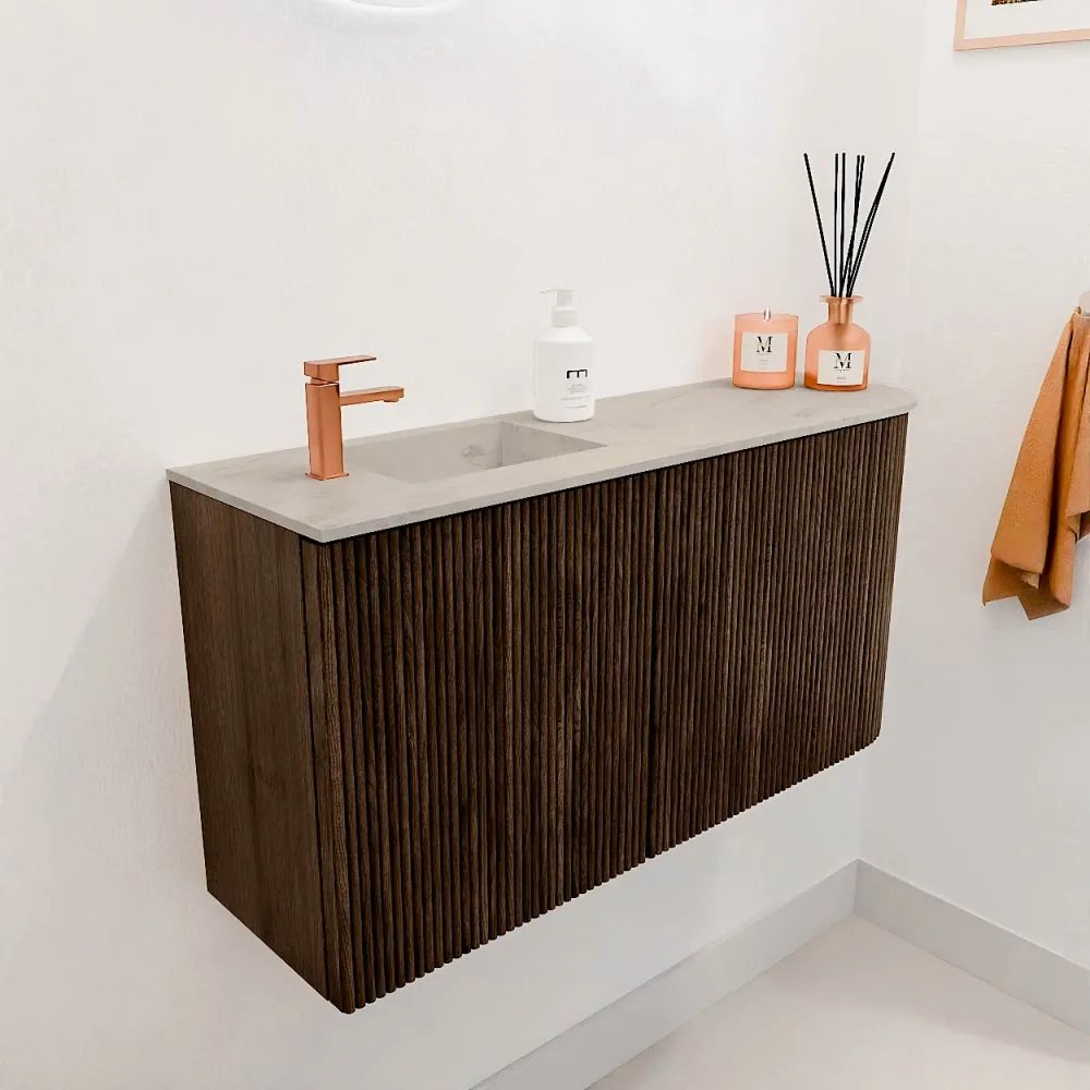 Mondiaz Joya DLux 80cm toiletmeubel ronding rechts walnut met wastafel faye links 1 kraangat opalo