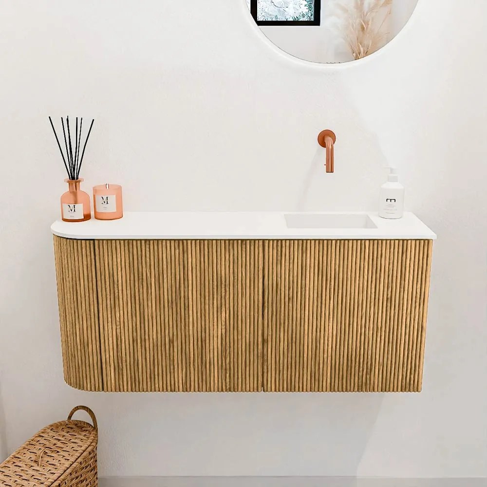 Mondiaz Joya 90cm toiletmeubel ronding links oak met wastafel faye rechts zonder kraangat talc