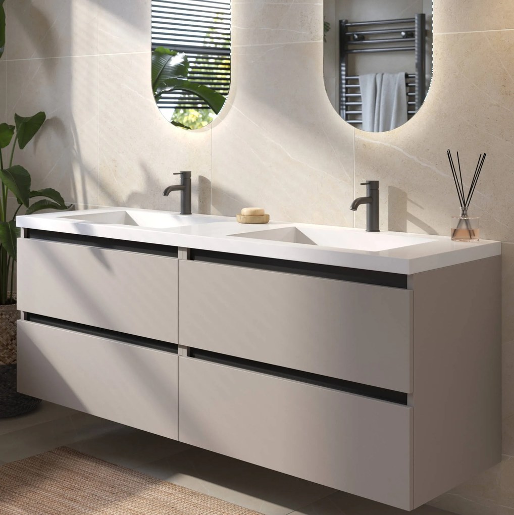 Saqu Gaia badmeubel incl. dubbele glans witte wastafel 160x52x64cm mat greige – zwarte greeplijst
