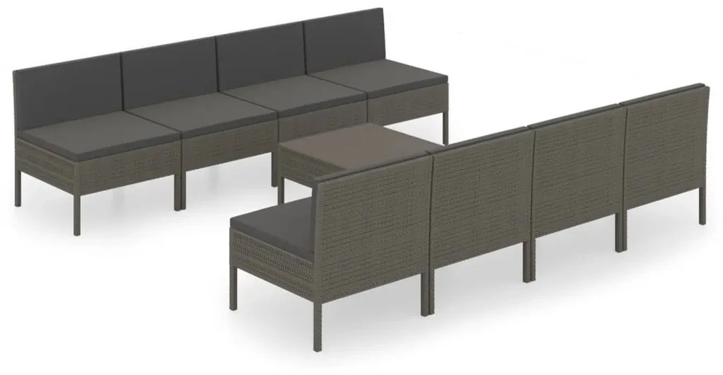 vidaXL 9-delige Loungeset met kussens poly rattan grijs