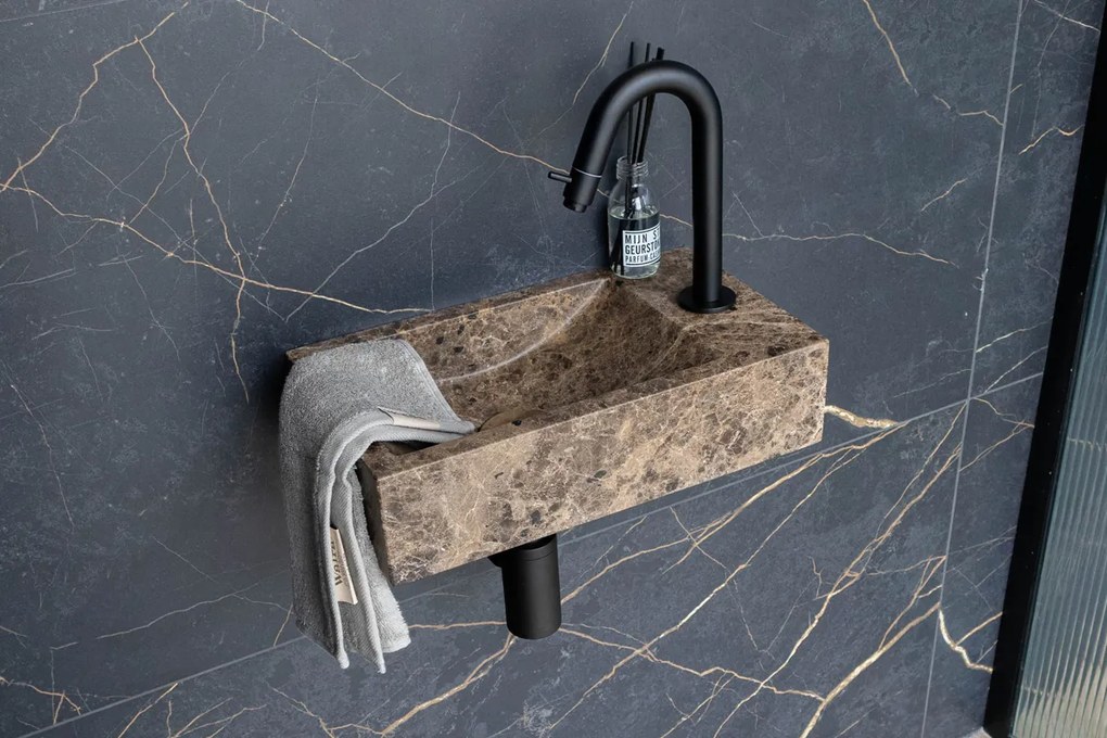 Saniclear Dark Emperador fonteinset met gebogen kraan in mat zwart