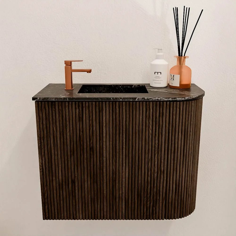 Mondiaz Joya DLux 50cm toiletmeubel ronding rechts walnut met wastafel faye links 1 kraangat lava